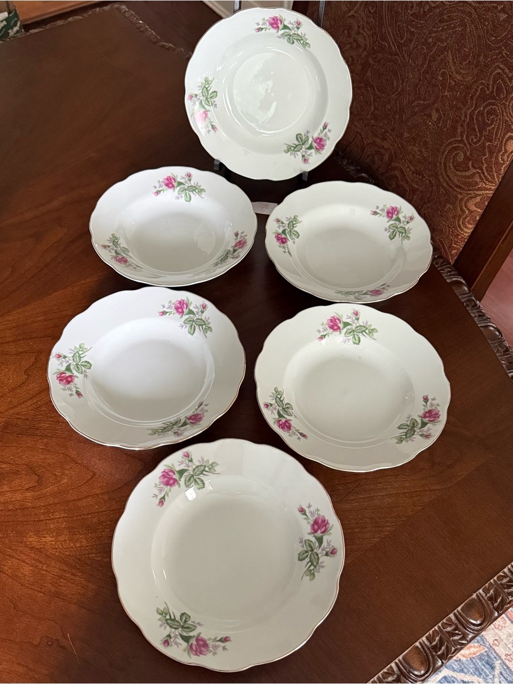 Set of 6 Vintage Rimmed 8” Soup Bowls with Pompadour Rose Pattern Made in China